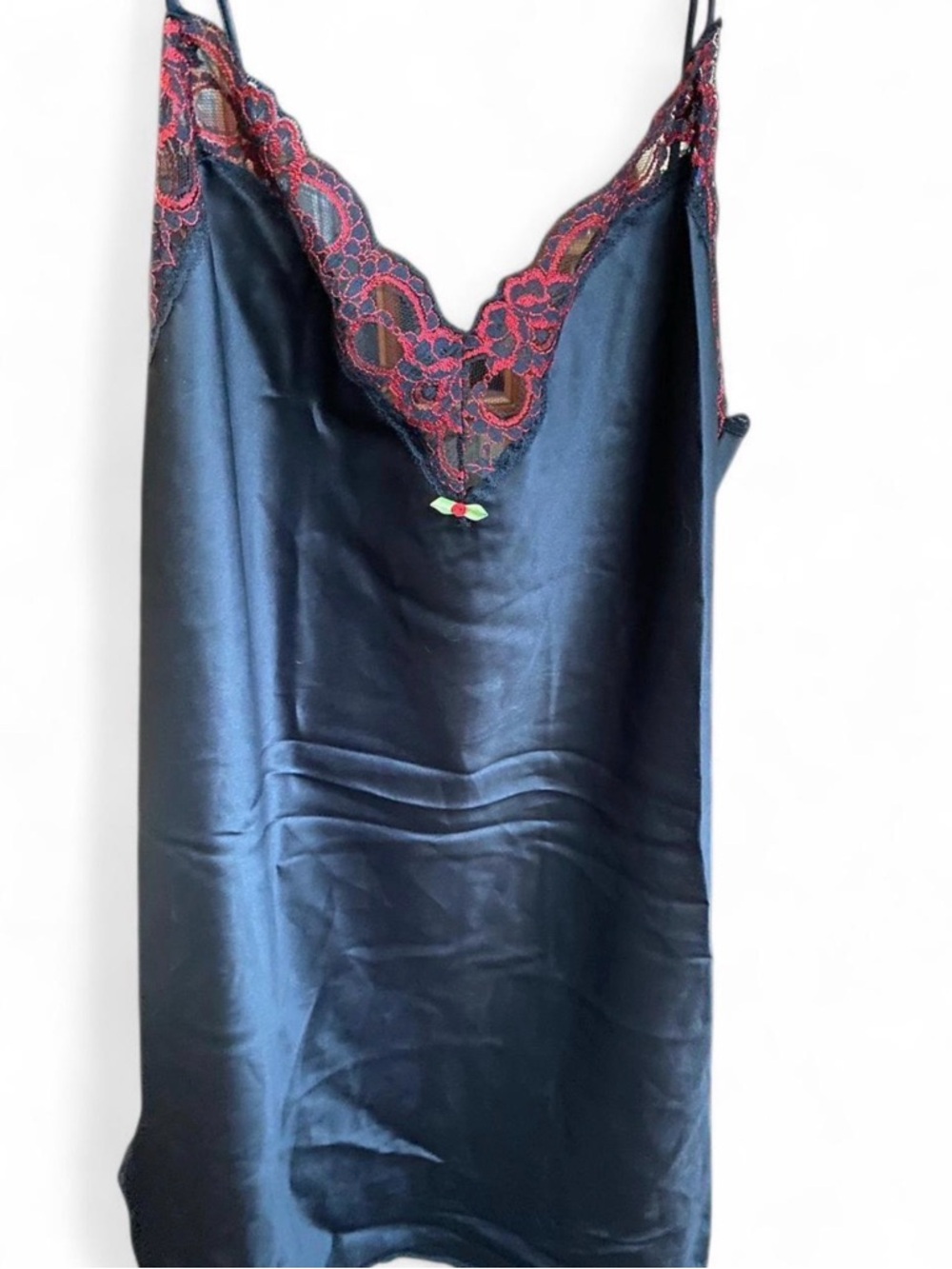 Black Satin Slip Dress with Red Lace Trim